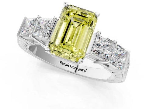 White gold Fancy Yellow Emerald Cut Solitaire Princess Side Stone Engraved Band Prong Setting Ring_13