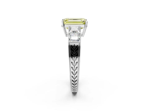White gold Fancy Yellow Emerald Cut Solitaire Princess Side Stone Engraved Band Prong Setting Ring_14