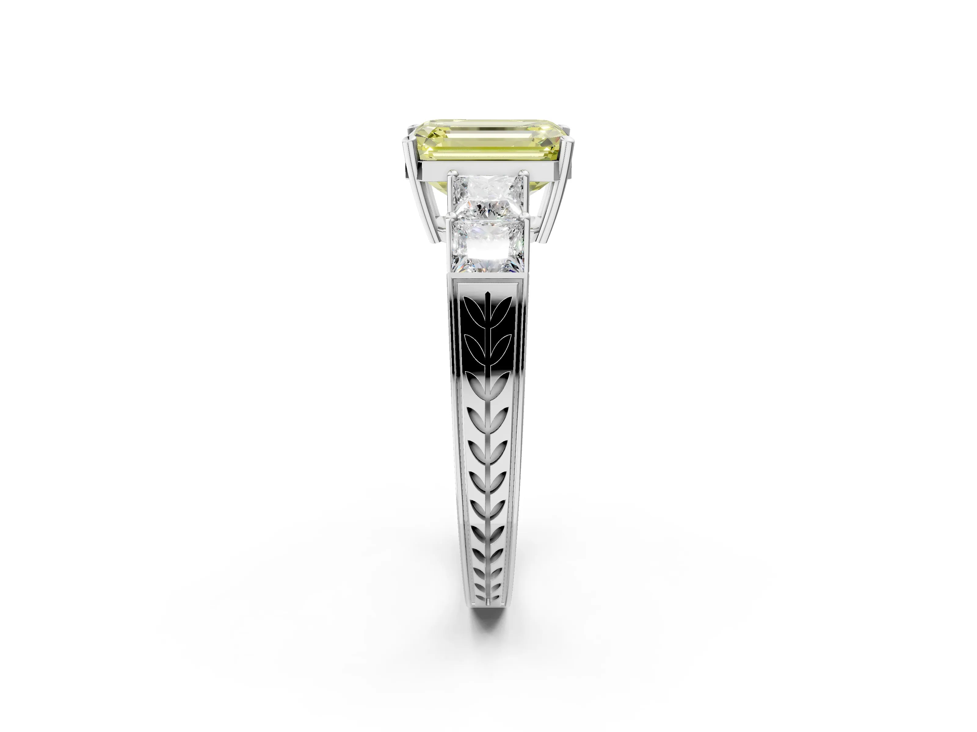 White gold Fancy Yellow Emerald Cut Solitaire Princess Side Stone Engraved Band Prong Setting Ring_14