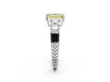 White gold Fancy Yellow Emerald Cut Solitaire Princess Side Stone Engraved Band Prong Setting Ring_14