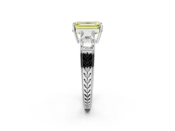 White gold Fancy Yellow Emerald Cut Solitaire Princess Side Stone Engraved Band Prong Setting Ring