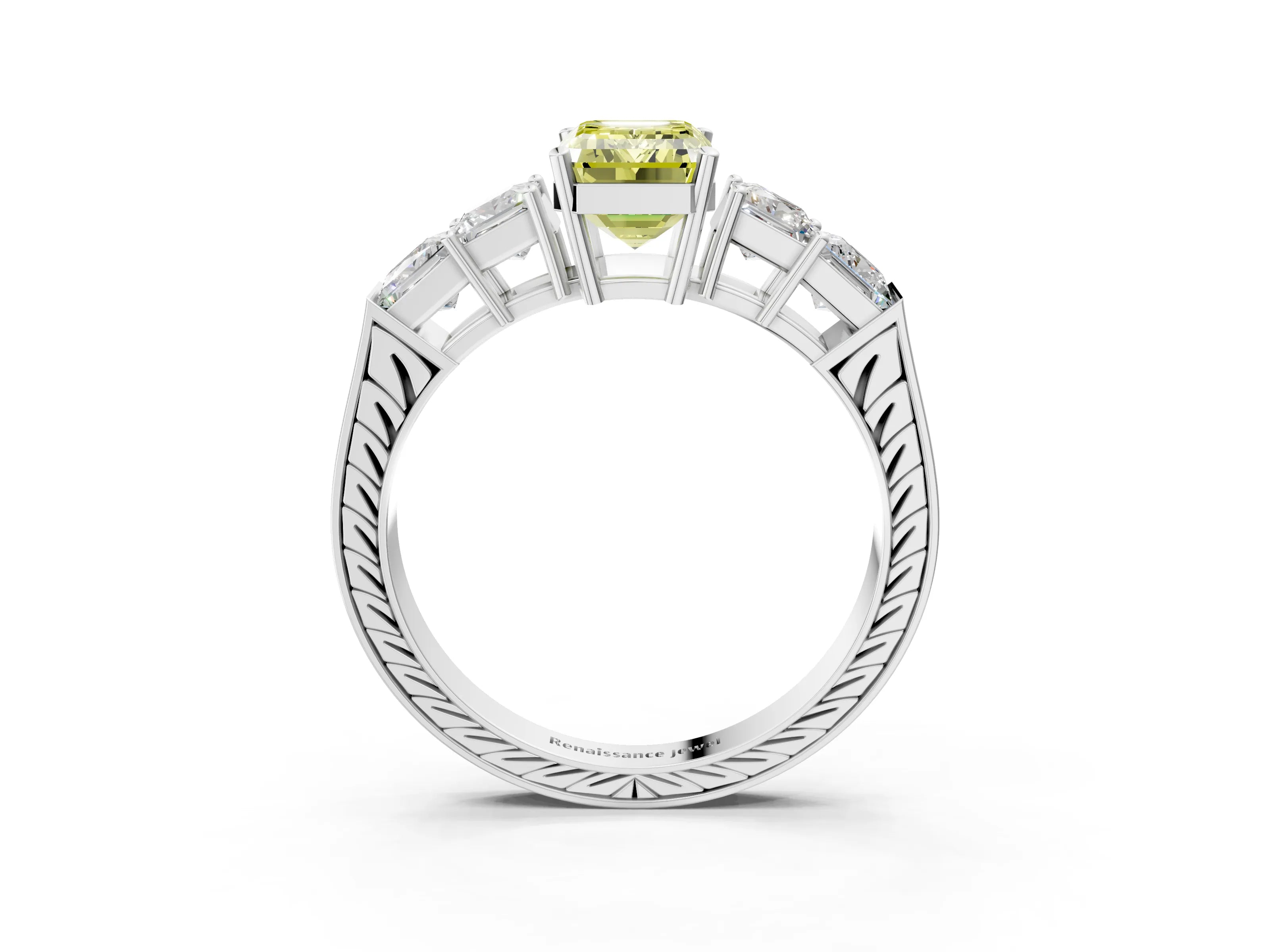 White gold Fancy Yellow Emerald Cut Solitaire Princess Side Stone Engraved Band Prong Setting Ring_15