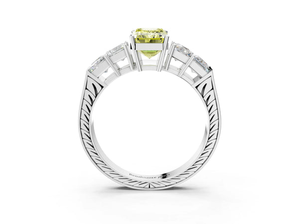 White gold Fancy Yellow Emerald Cut Solitaire Princess Side Stone Engraved Band Prong Setting Ring