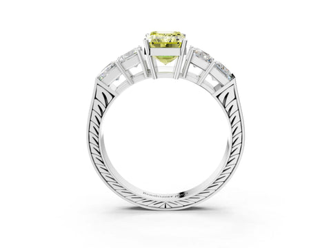 White gold Fancy Yellow Emerald Cut Solitaire Princess Side Stone Engraved Band Prong Setting Ring_15