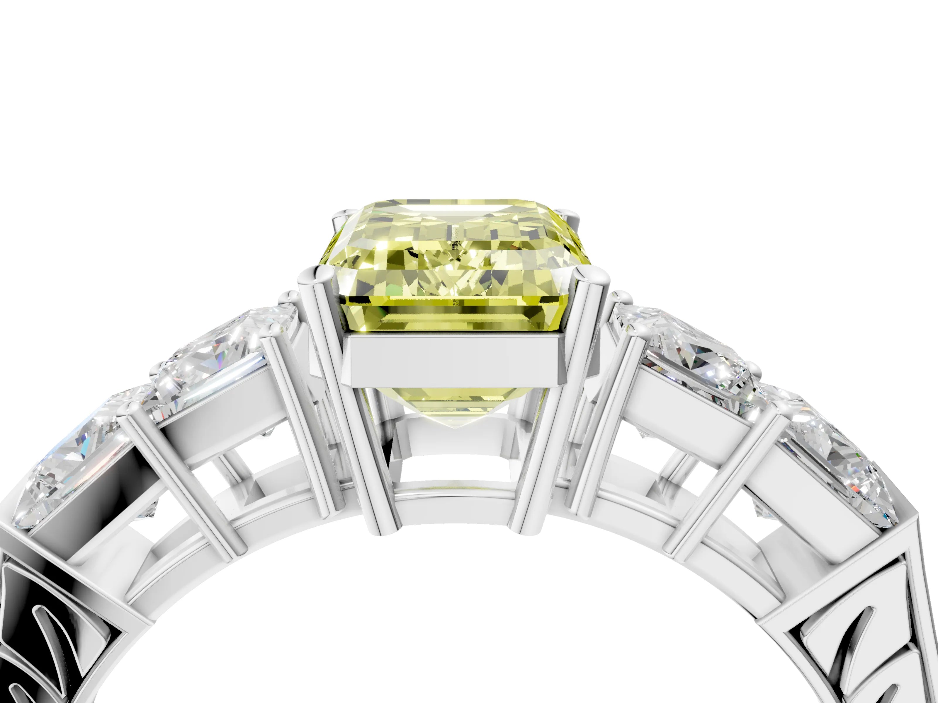 White gold Fancy Yellow Emerald Cut Solitaire Princess Side Stone Engraved Band Prong Setting Ring_16