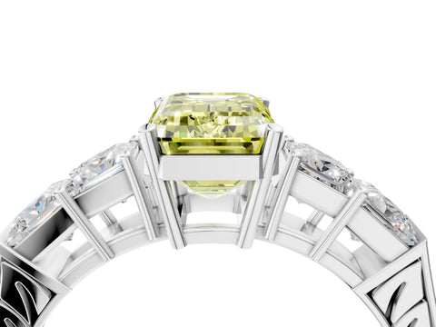 White gold Fancy Yellow Emerald Cut Solitaire Princess Side Stone Engraved Band Prong Setting Ring_16