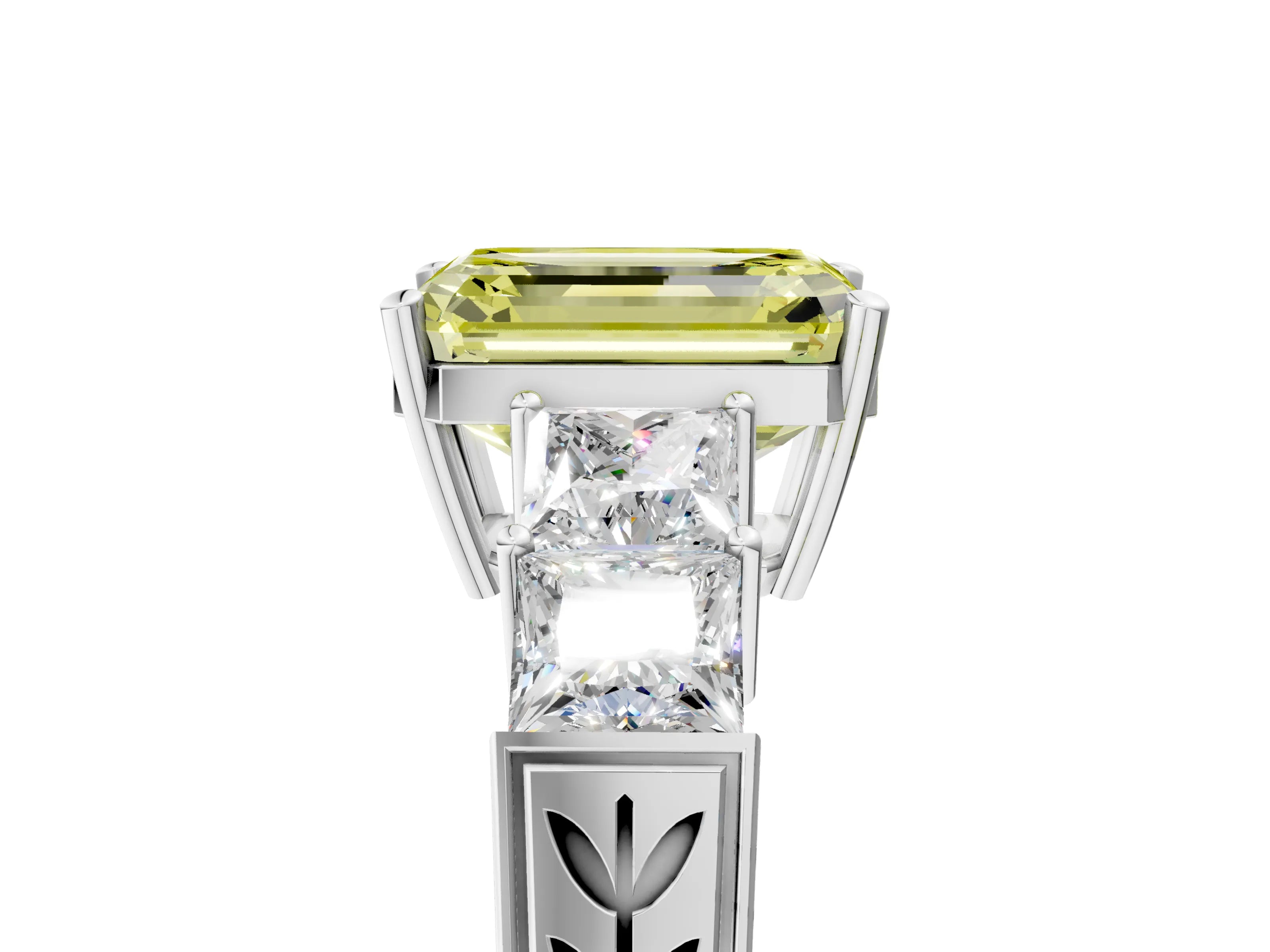 White gold Fancy Yellow Emerald Cut Solitaire Princess Side Stone Engraved Band Prong Setting Ring_17