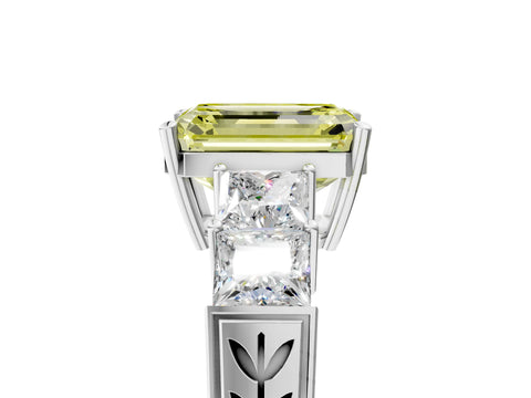 White gold Fancy Yellow Emerald Cut Solitaire Princess Side Stone Engraved Band Prong Setting Ring_17