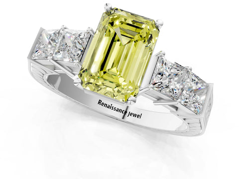 White gold Fancy Yellow Emerald Cut Solitaire Princess Side Stone Engraved Band Prong Setting Ring_1