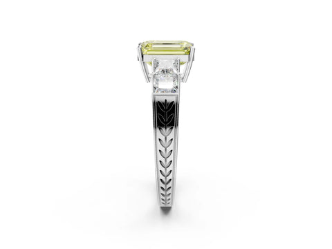 White gold Fancy Yellow Emerald Cut Solitaire Princess Side Stone Engraved Band Prong Setting Ring_2