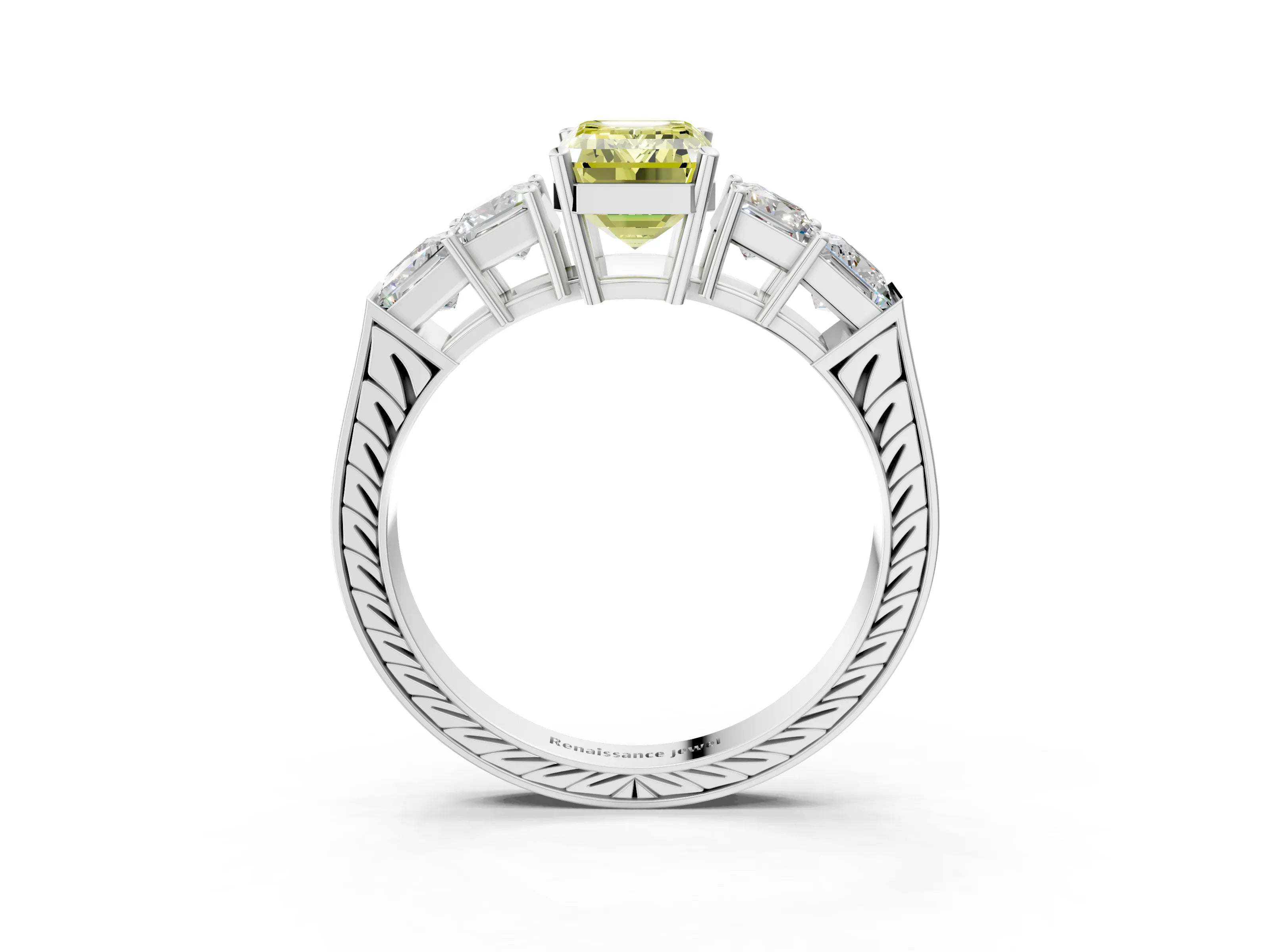 White gold Fancy Yellow Emerald Cut Solitaire Princess Side Stone Engraved Band Prong Setting Ring_3