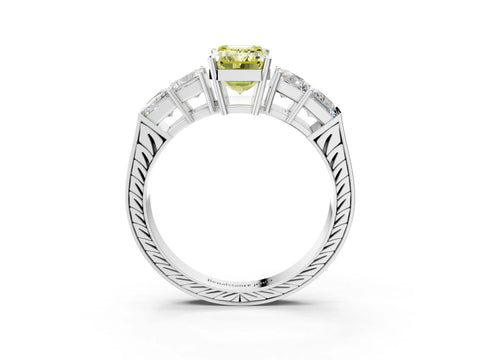 White gold Fancy Yellow Emerald Cut Solitaire Princess Side Stone Engraved Band Prong Setting Ring_3