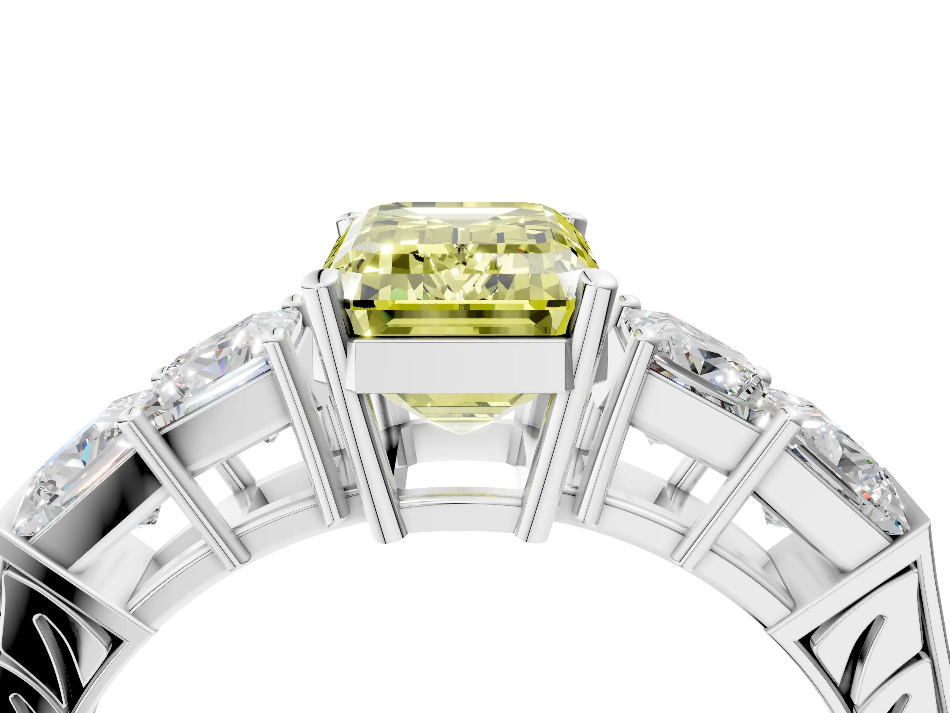 White gold Fancy Yellow Emerald Cut Solitaire Princess Side Stone Engraved Band Prong Setting Ring_4
