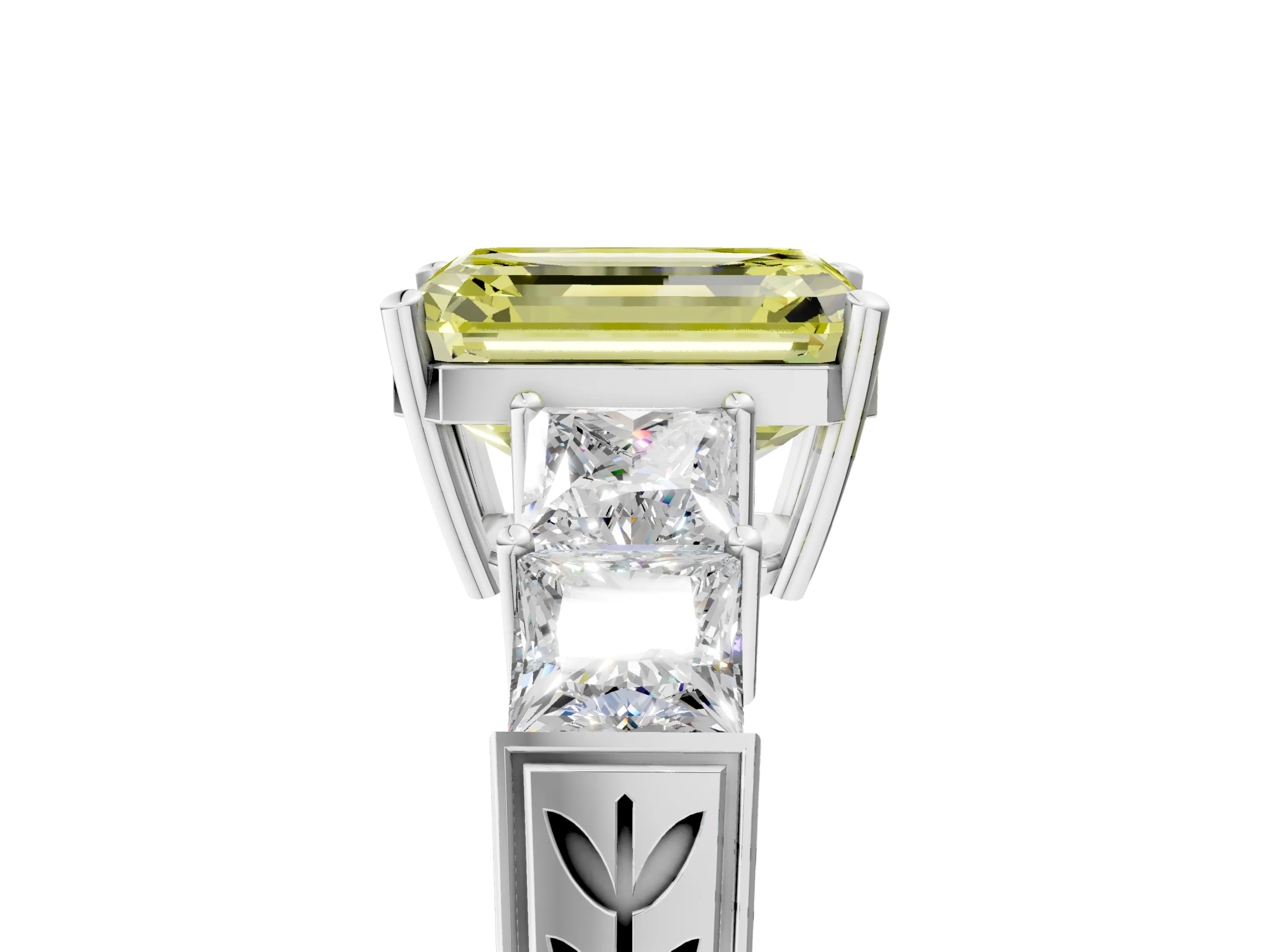 White gold Fancy Yellow Emerald Cut Solitaire Princess Side Stone Engraved Band Prong Setting Ring_5