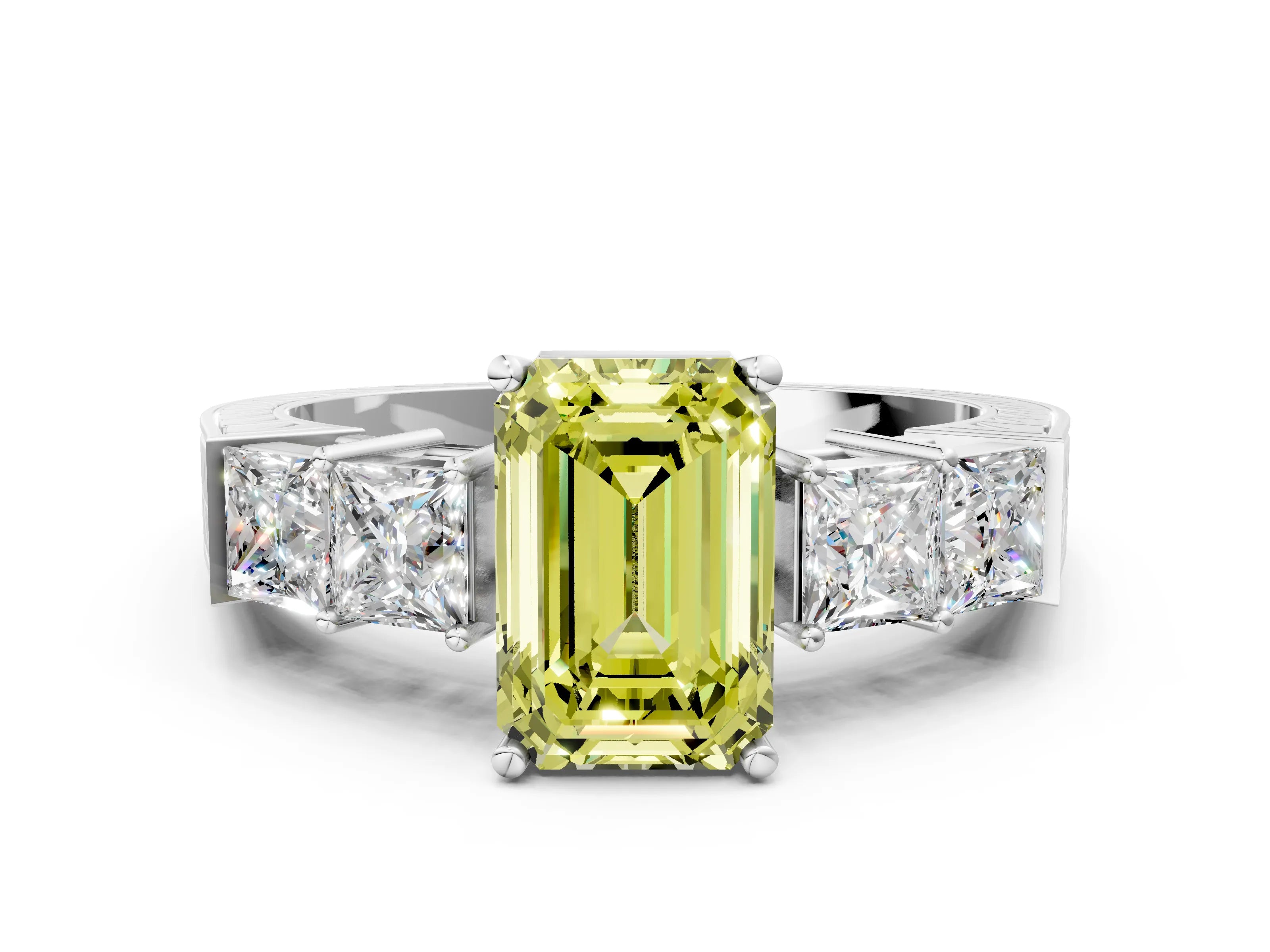 White gold Fancy Yellow Emerald Cut Solitaire Princess Side Stone Engraved Band Prong Setting Ring