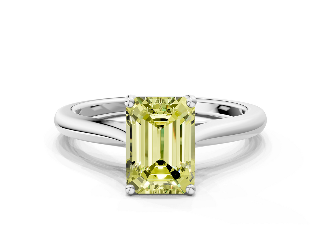 White gold Fancy Yellow Emerald  Cut Solitaire Ring with Cathedral Band and Four-Prong Setting_102