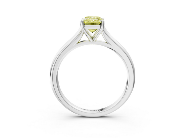 Platinum Fancy Yellow Emerald  Cut Solitaire Ring with Cathedral Band and Four-Prong Setting