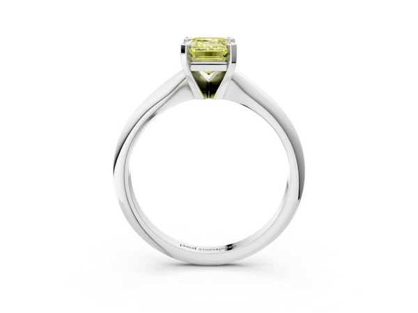 White gold Fancy Yellow Emerald  Cut Solitaire Ring with Four-Prong Setting on a Classic Band
