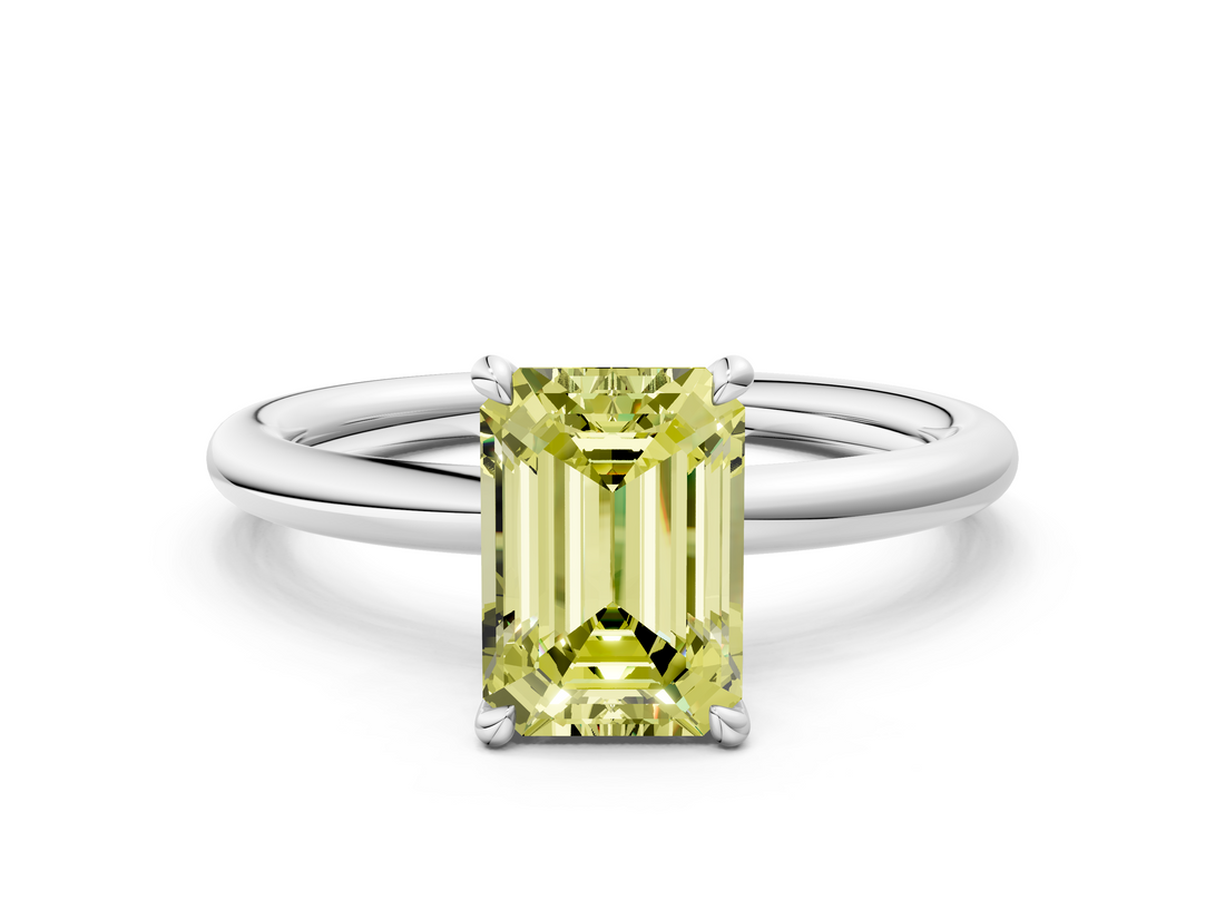 White gold Fancy Yellow Emerald  Cut Solitaire Ring with Thin Band and Four-Prong Setting_16