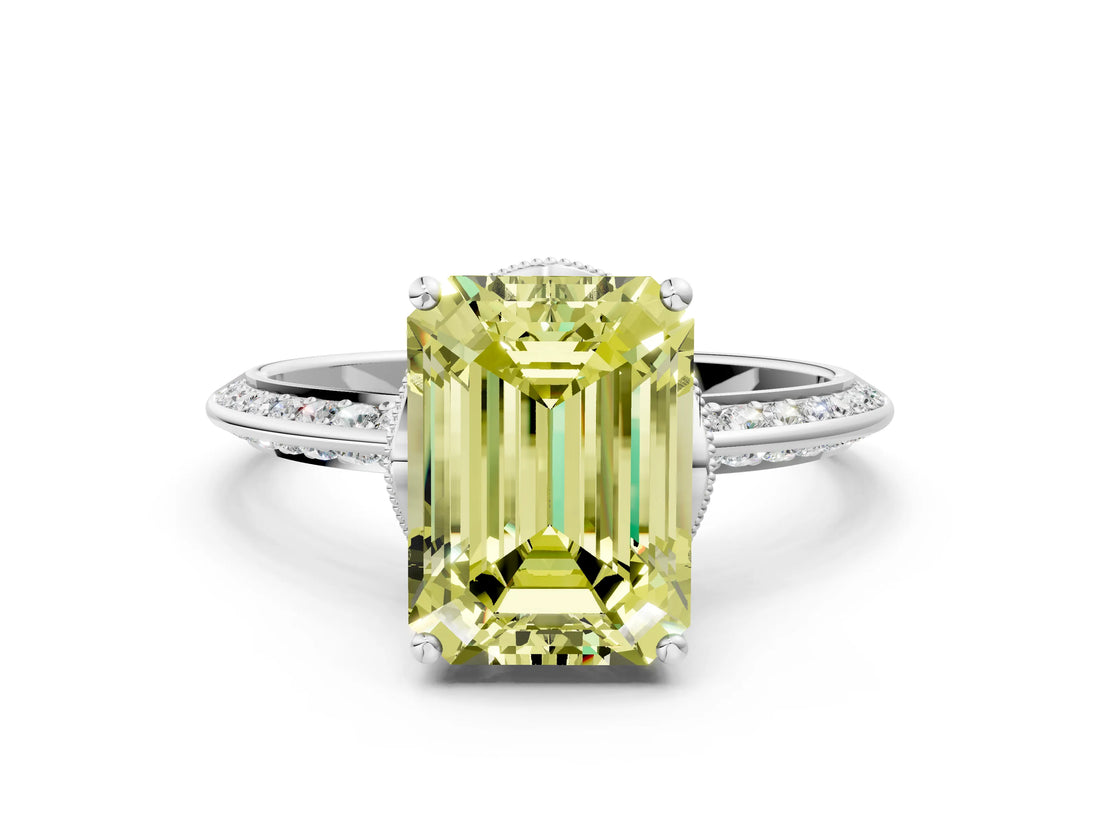 White gold Fancy Yellow Emerald Cut Solitaire Split Shank Pave Diamond Engagement Ring with Four-Prong Setting_24