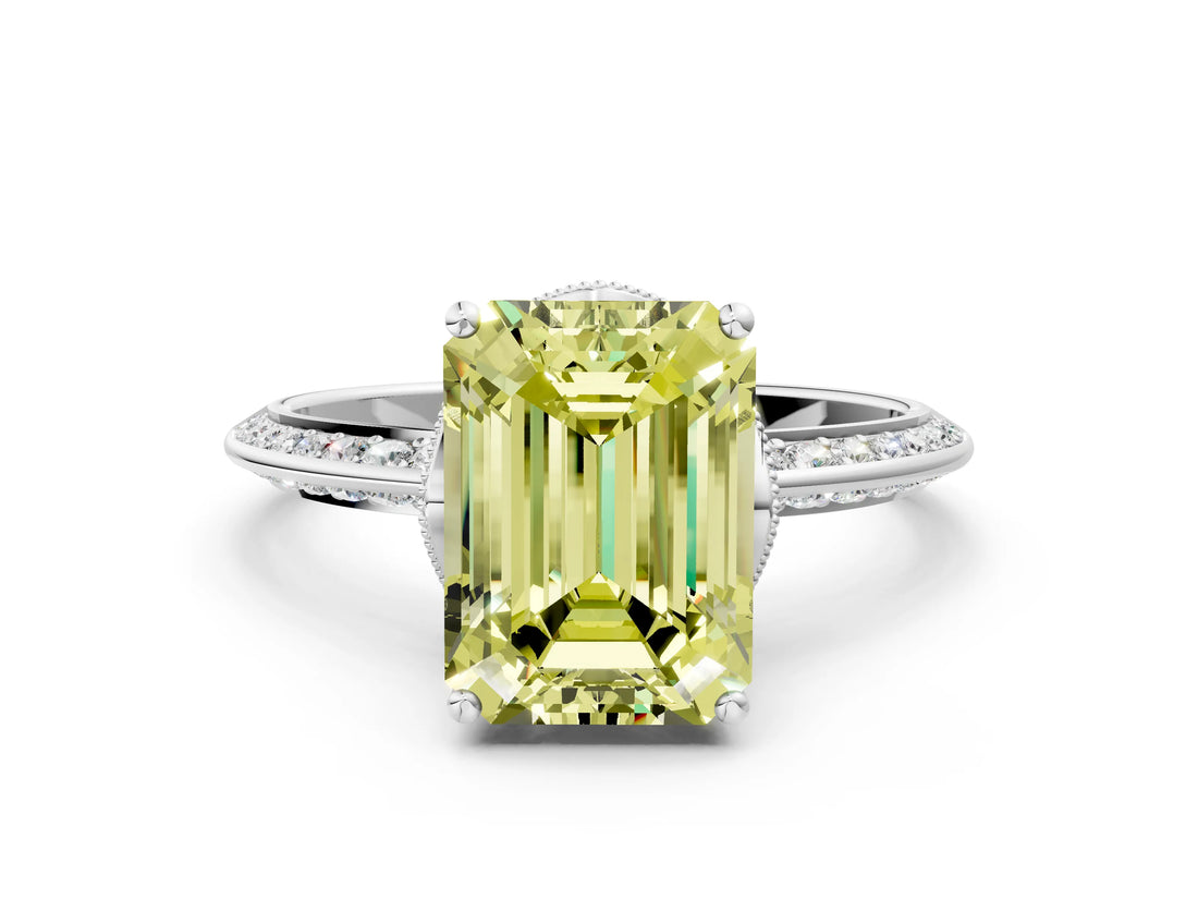 White gold Fancy Yellow Emerald Cut Solitaire Split Shank Pave Diamond Engagement Ring with Four-Prong Setting