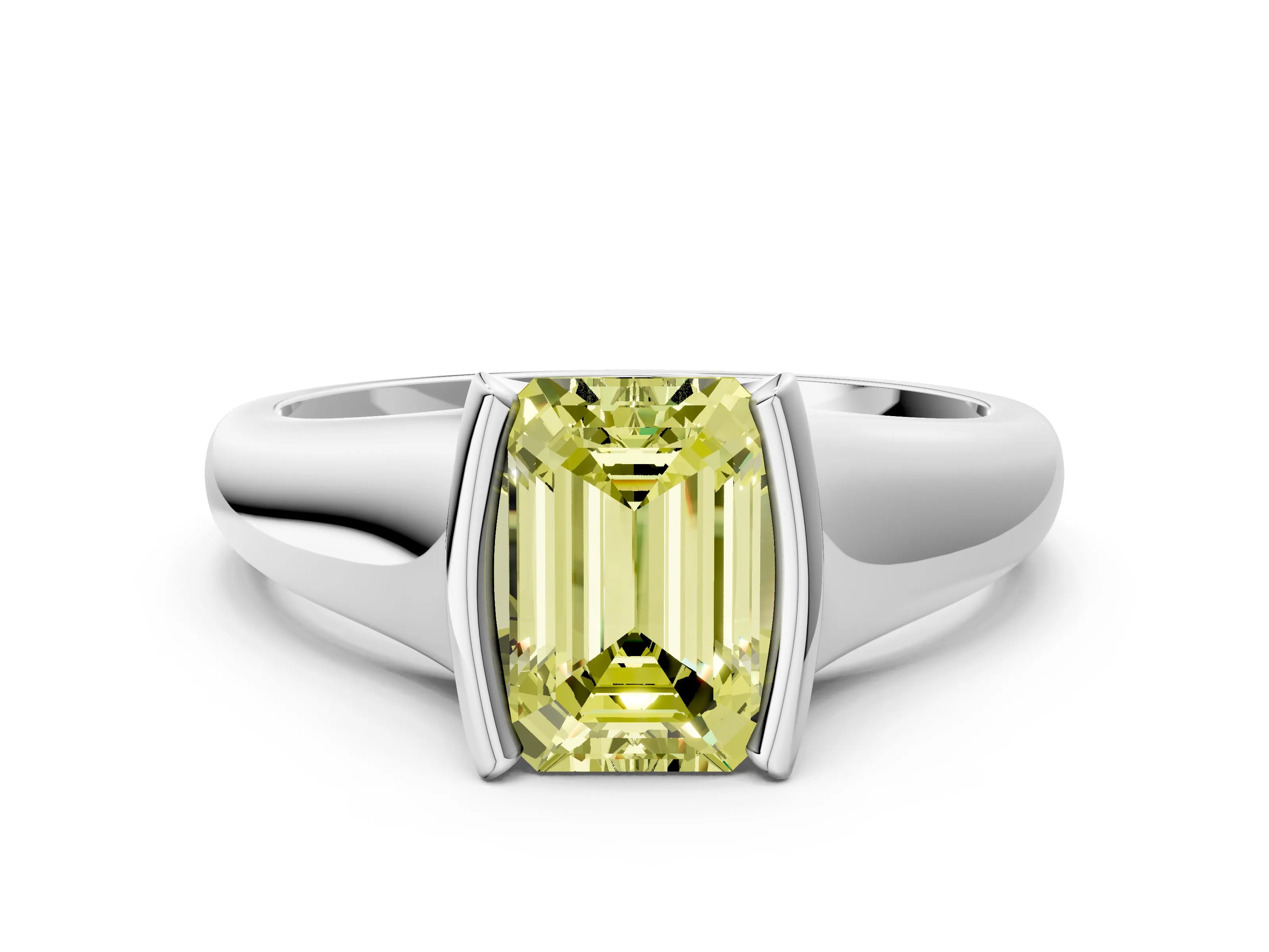 White gold Fancy Yellow Emerald Cut Solitaire Tension Set Diamond Ring with Split Shank Band