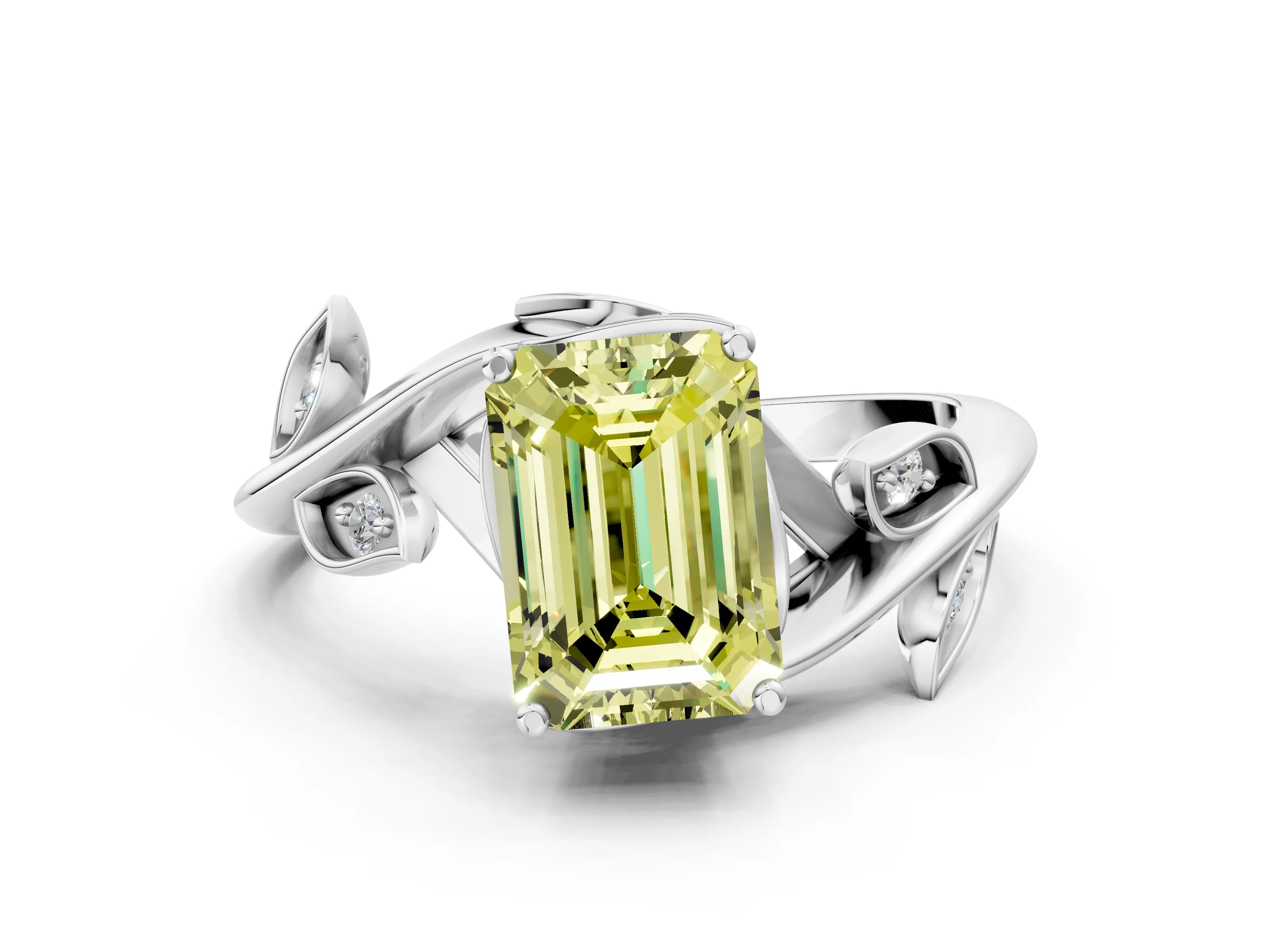 White gold Fancy Yellow Emerald Cut Solitaire Twist Engagement Ring with Leaf Accents and Prong Setting_12