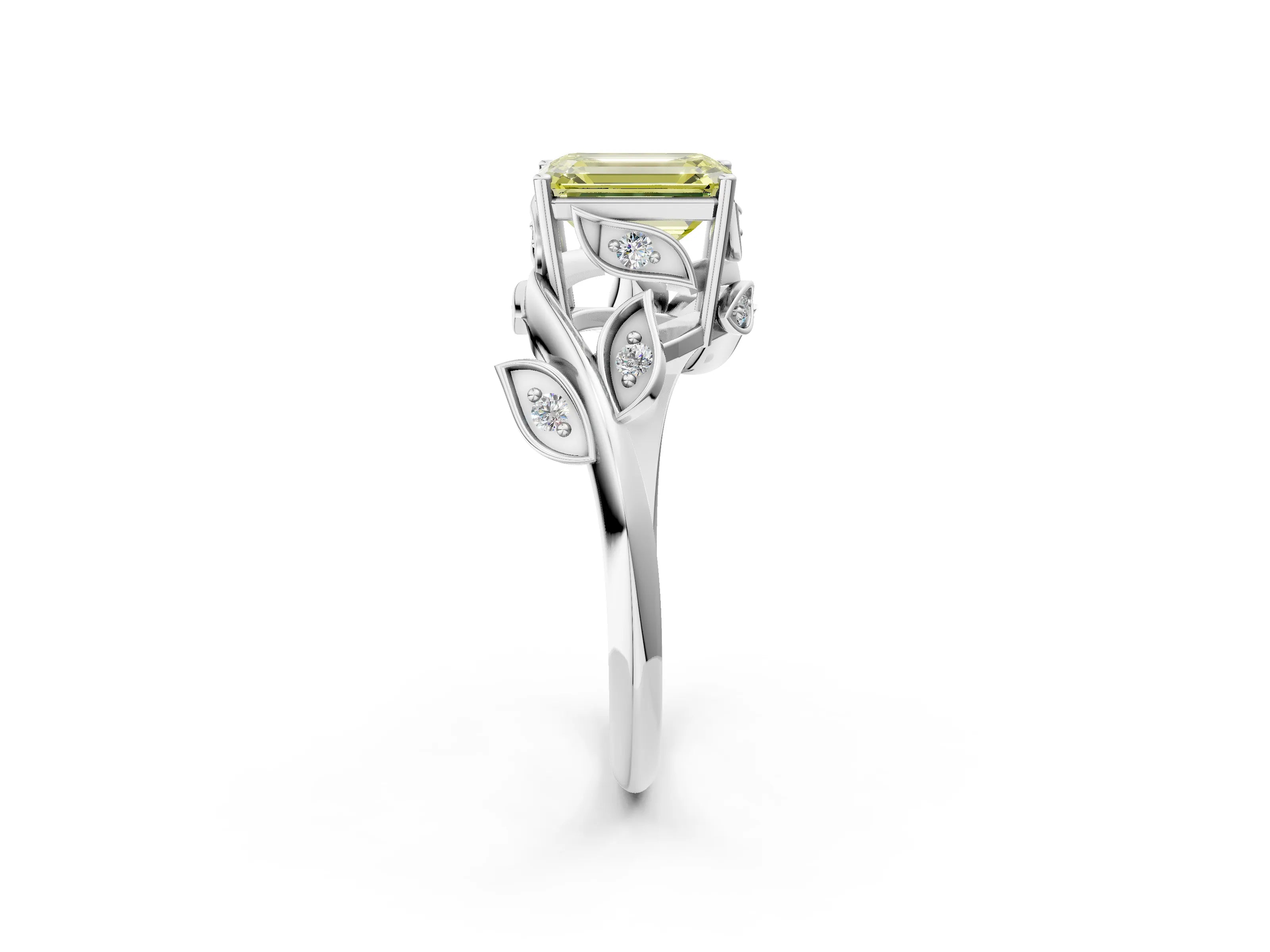 White gold Fancy Yellow Emerald Cut Solitaire Twist Engagement Ring with Leaf Accents and Prong Setting_14
