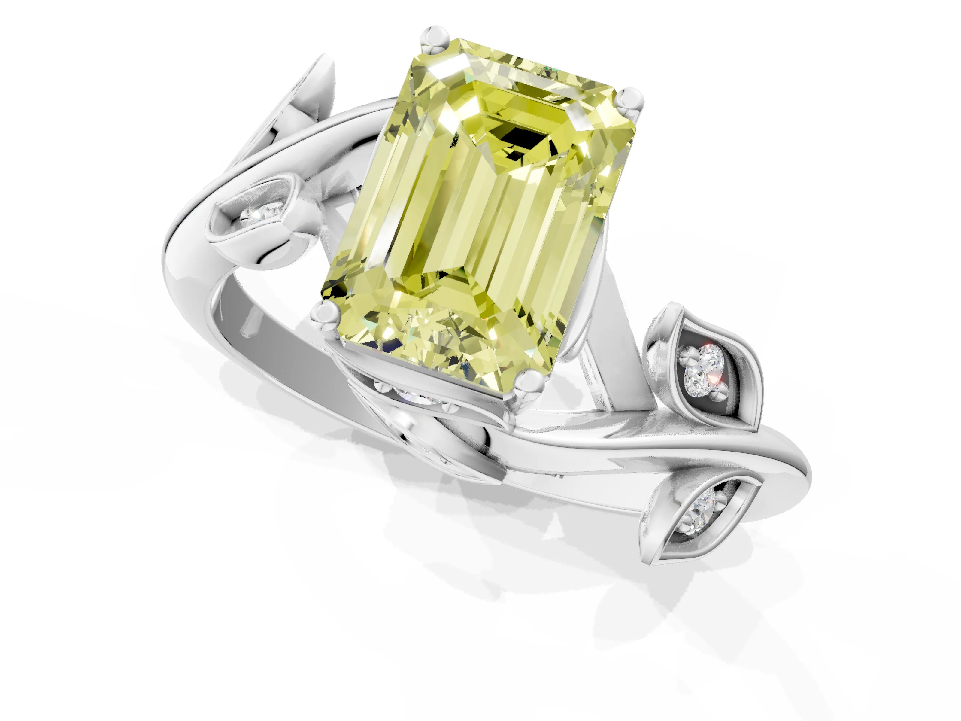 White gold Fancy Yellow Emerald Cut Solitaire Twist Engagement Ring with Leaf Accents and Prong Setting_1