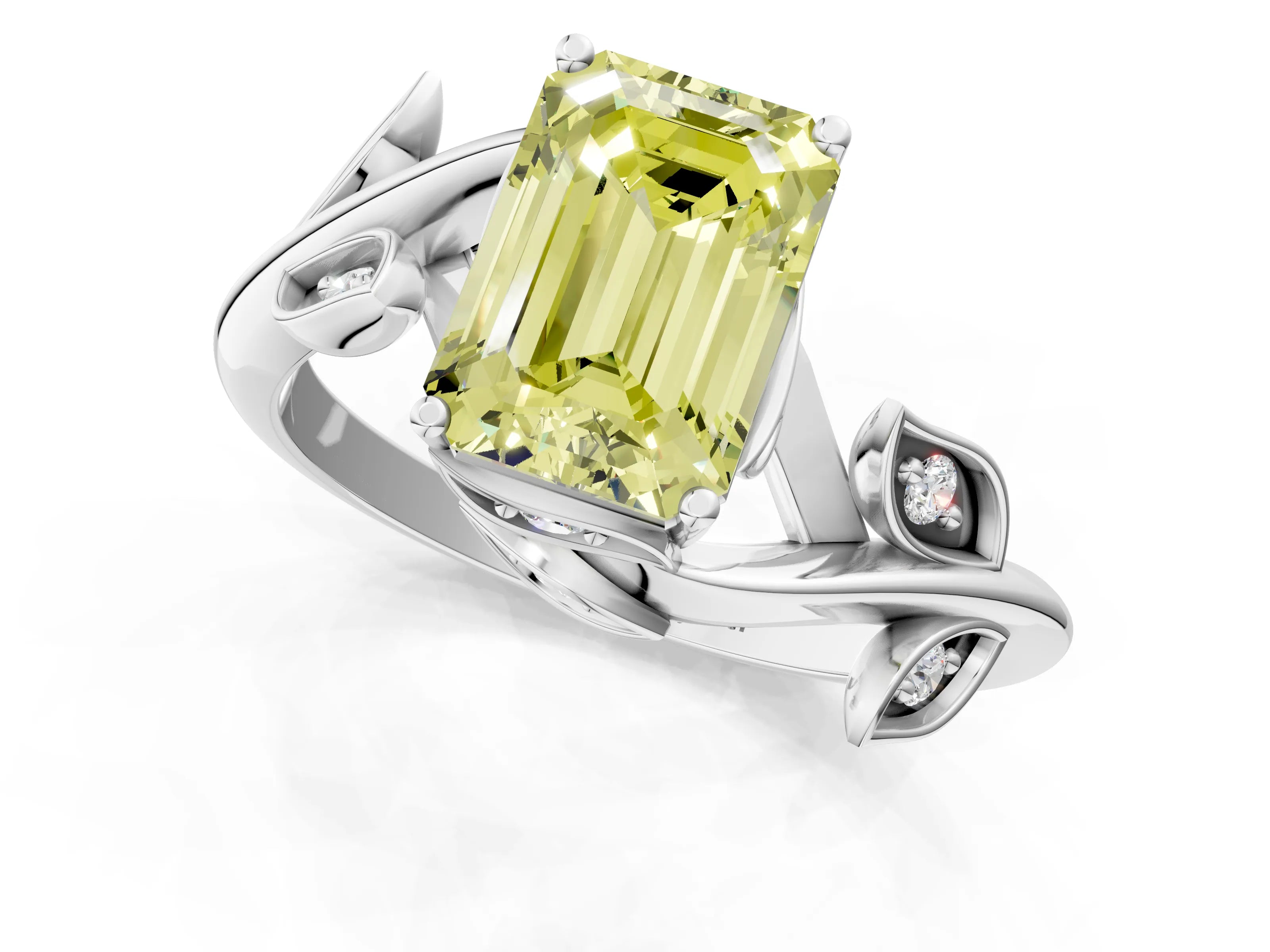 White gold Fancy Yellow Emerald Cut Solitaire Twist Engagement Ring with Leaf Accents and Prong Setting_1