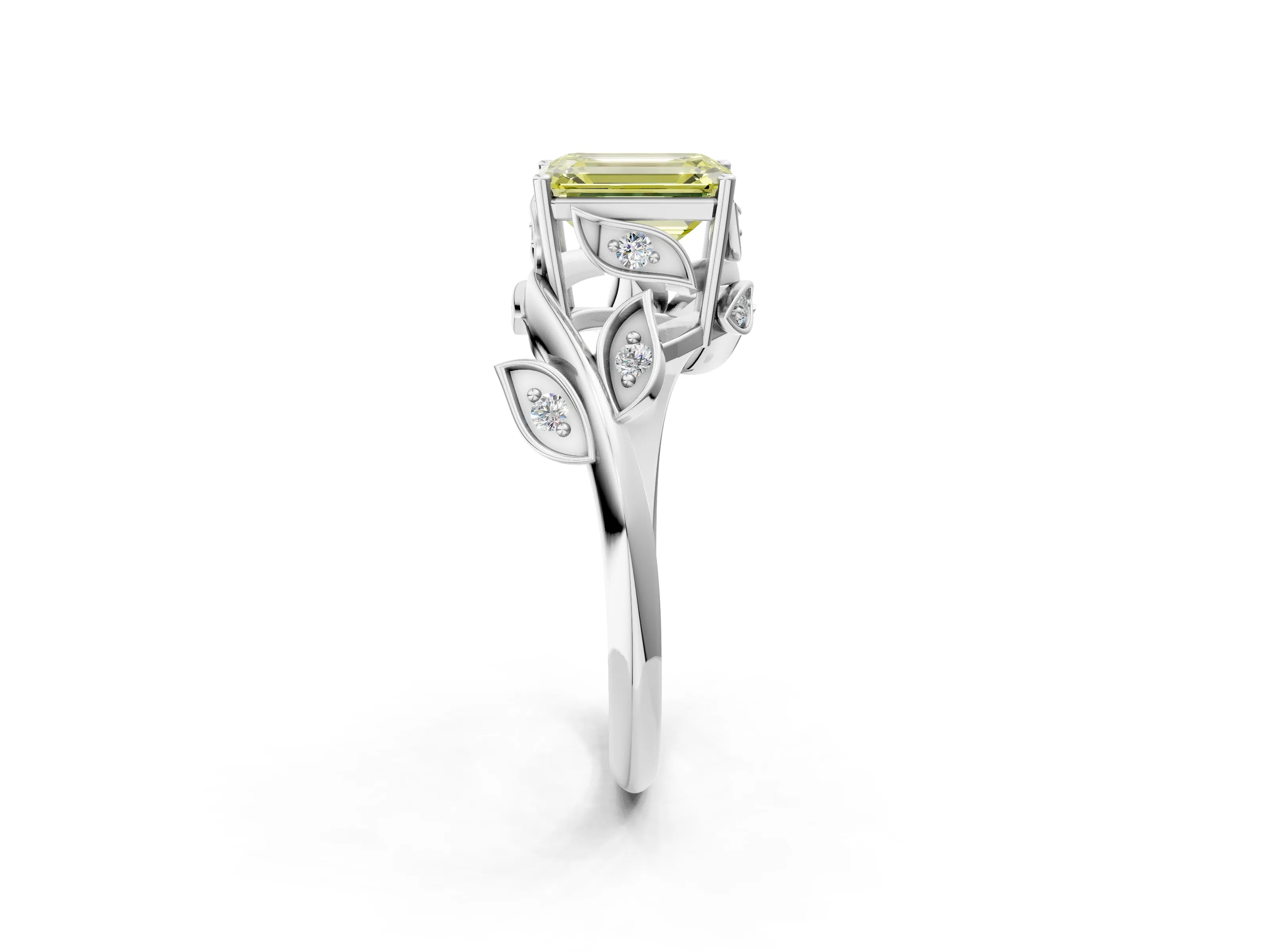 White gold Fancy Yellow Emerald Cut Solitaire Twist Engagement Ring with Leaf Accents and Prong Setting_2