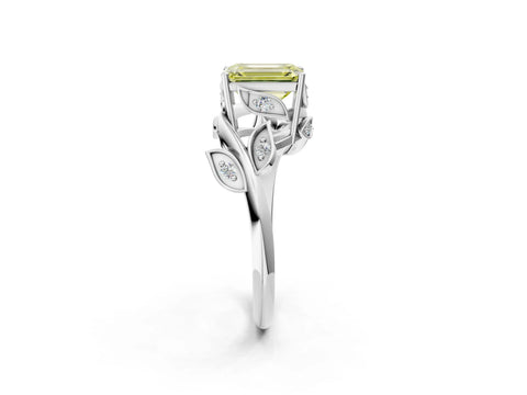 White gold Fancy Yellow Emerald Cut Solitaire Twist Engagement Ring with Leaf Accents and Prong Setting_2