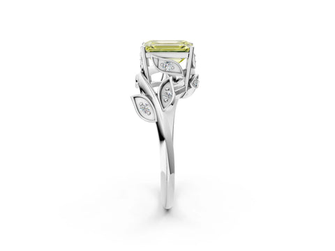 White gold Fancy Yellow Emerald Cut Solitaire Twist Engagement Ring with Leaf Accents and Prong Setting_2