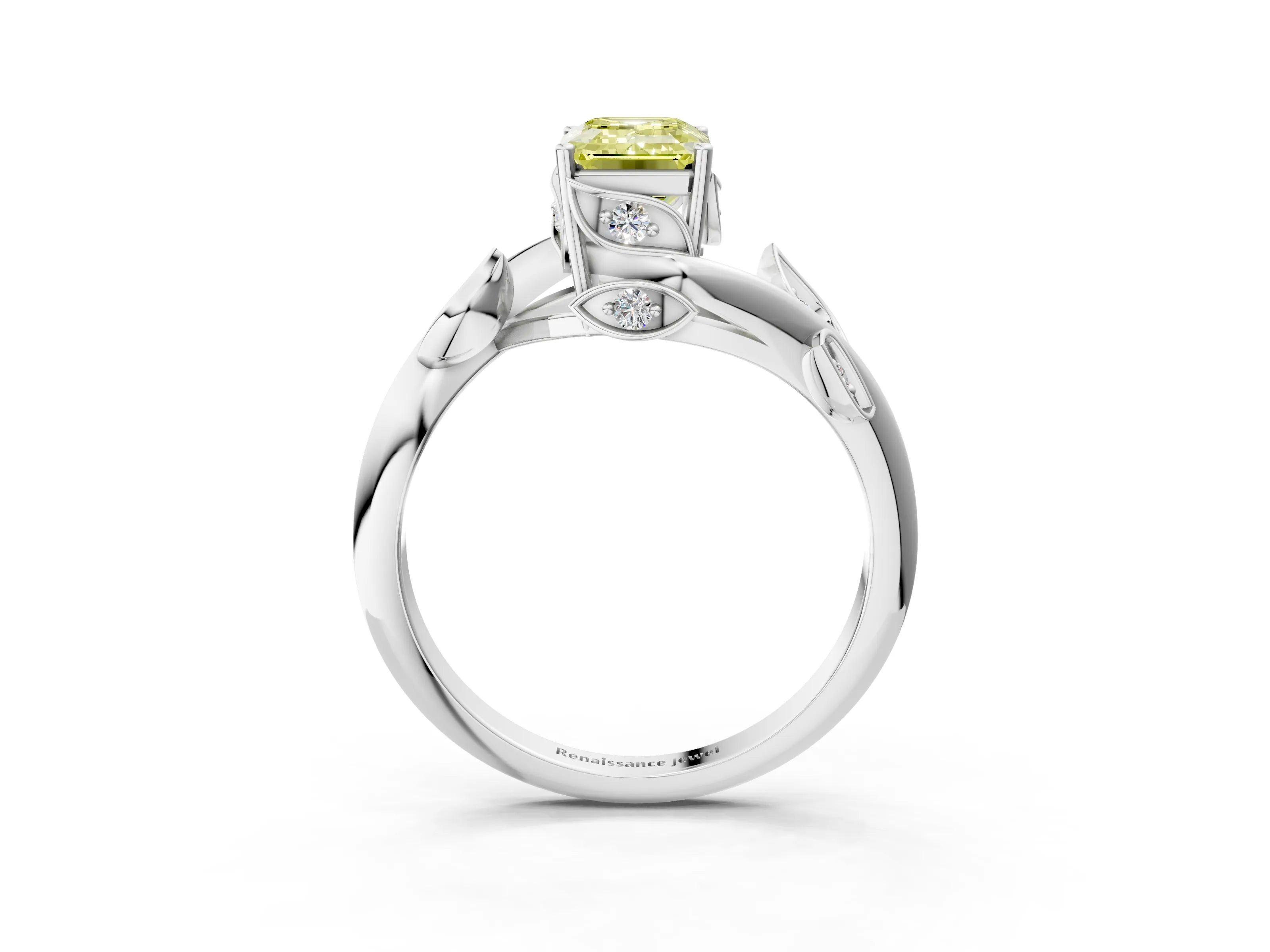 White gold Fancy Yellow Emerald Cut Solitaire Twist Engagement Ring with Leaf Accents and Prong Setting_3