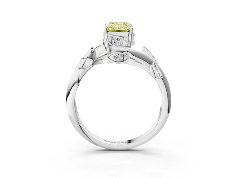 White gold Fancy Yellow Emerald Cut Solitaire Twist Engagement Ring with Leaf Accents and Prong Setting_3