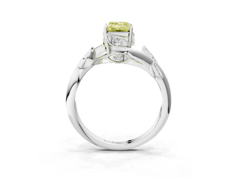 White gold Fancy Yellow Emerald Cut Solitaire Twist Engagement Ring with Leaf Accents and Prong Setting_3