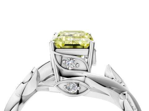 White gold Fancy Yellow Emerald Cut Solitaire Twist Engagement Ring with Leaf Accents and Prong Setting_4