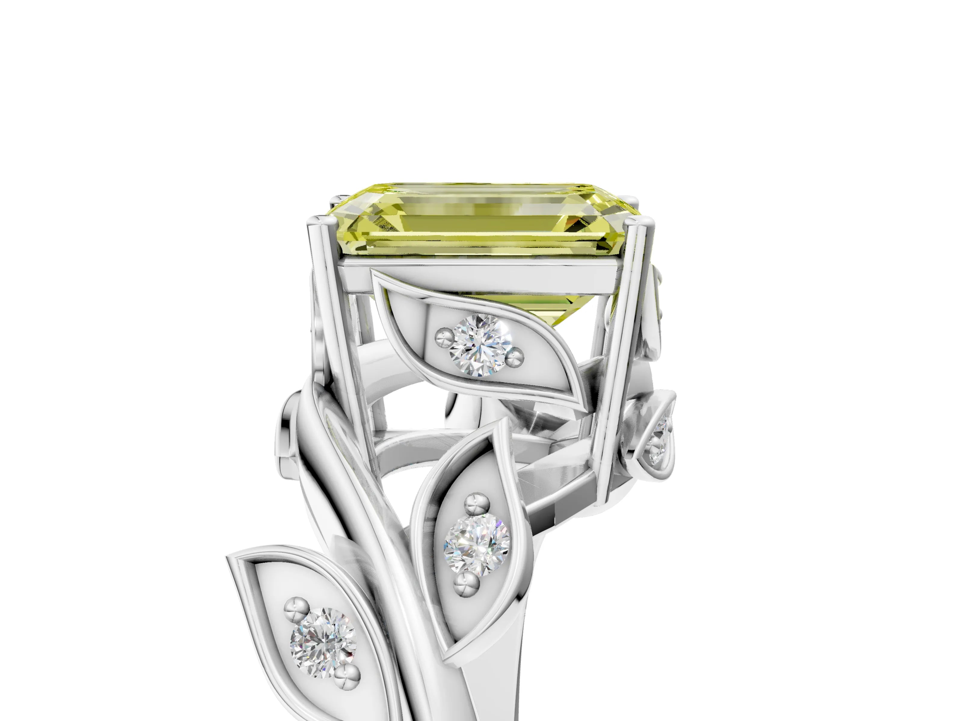 White gold Fancy Yellow Emerald Cut Solitaire Twist Engagement Ring with Leaf Accents and Prong Setting_5