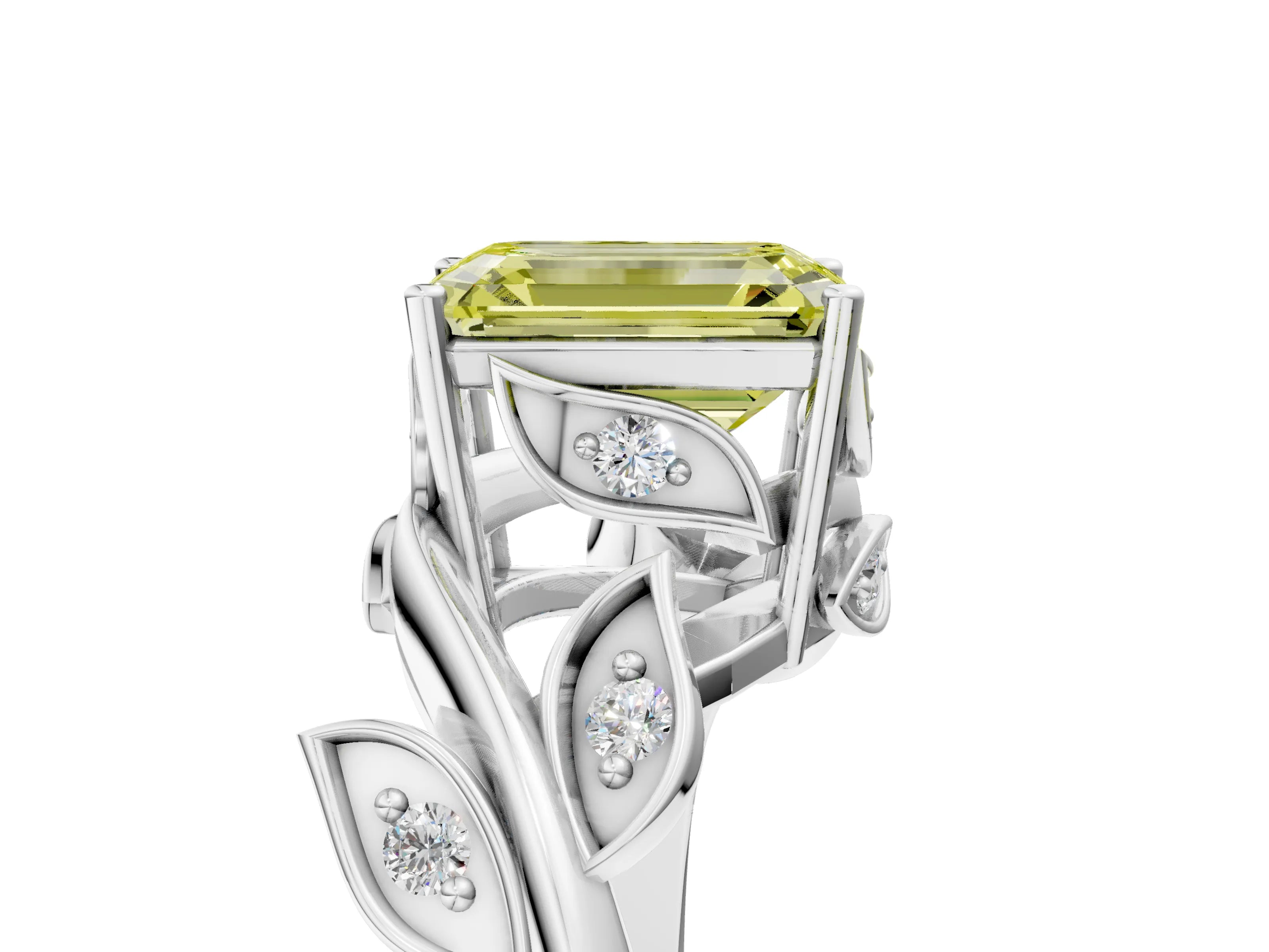 White gold Fancy Yellow Emerald Cut Solitaire Twist Engagement Ring with Leaf Accents and Prong Setting_5
