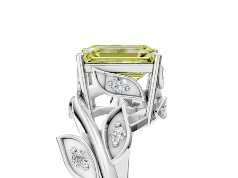 White gold Fancy Yellow Emerald Cut Solitaire Twist Engagement Ring with Leaf Accents and Prong Setting_5