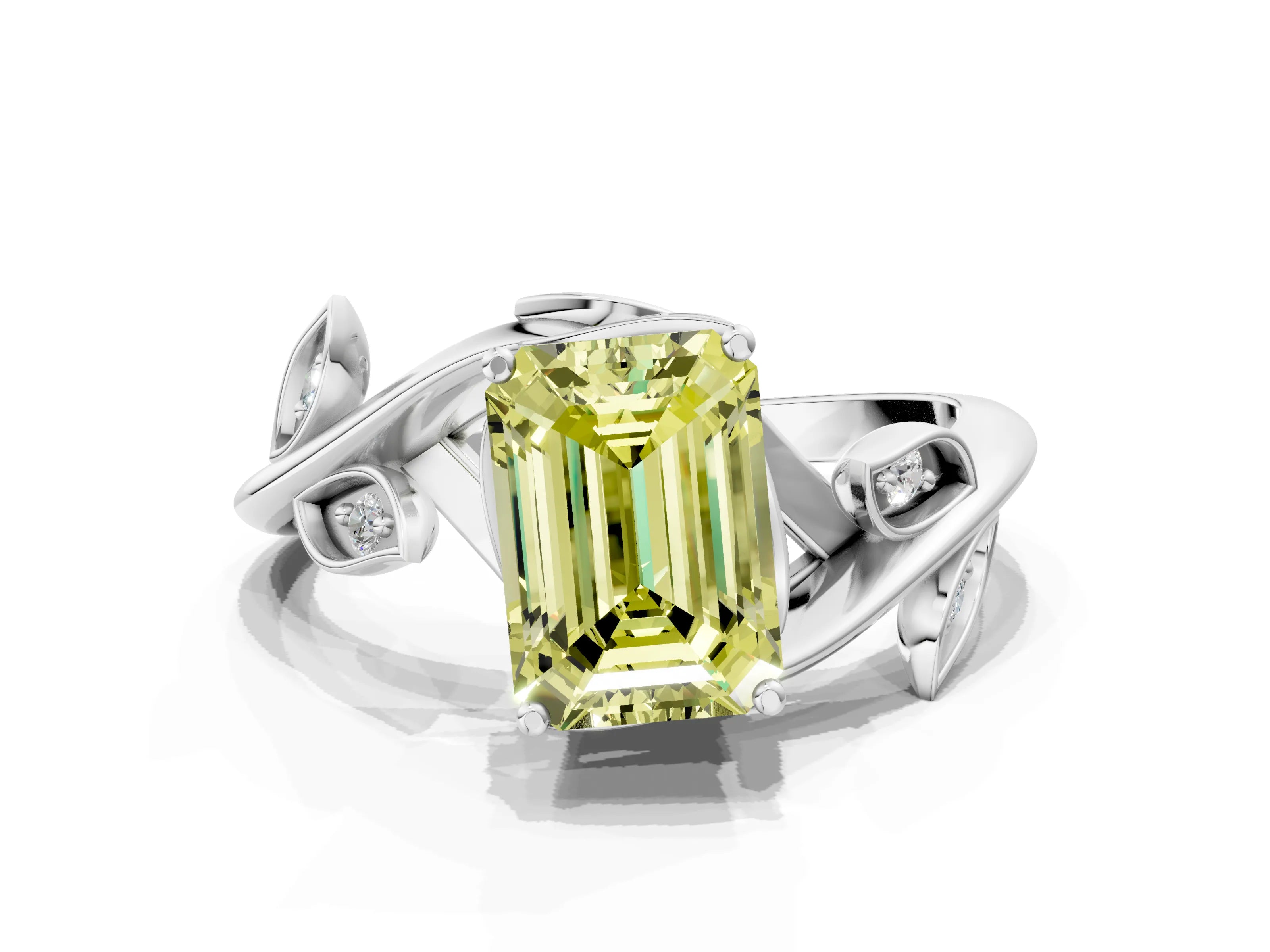 White gold Fancy Yellow Emerald Cut Solitaire Twist Engagement Ring with Leaf Accents and Prong Setting