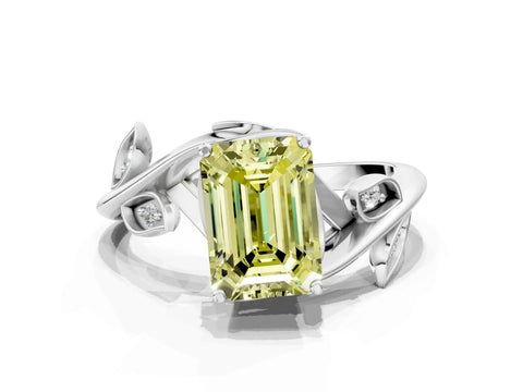 White gold Fancy Yellow Emerald Cut Solitaire Twist Engagement Ring with Leaf Accents and Prong Setting