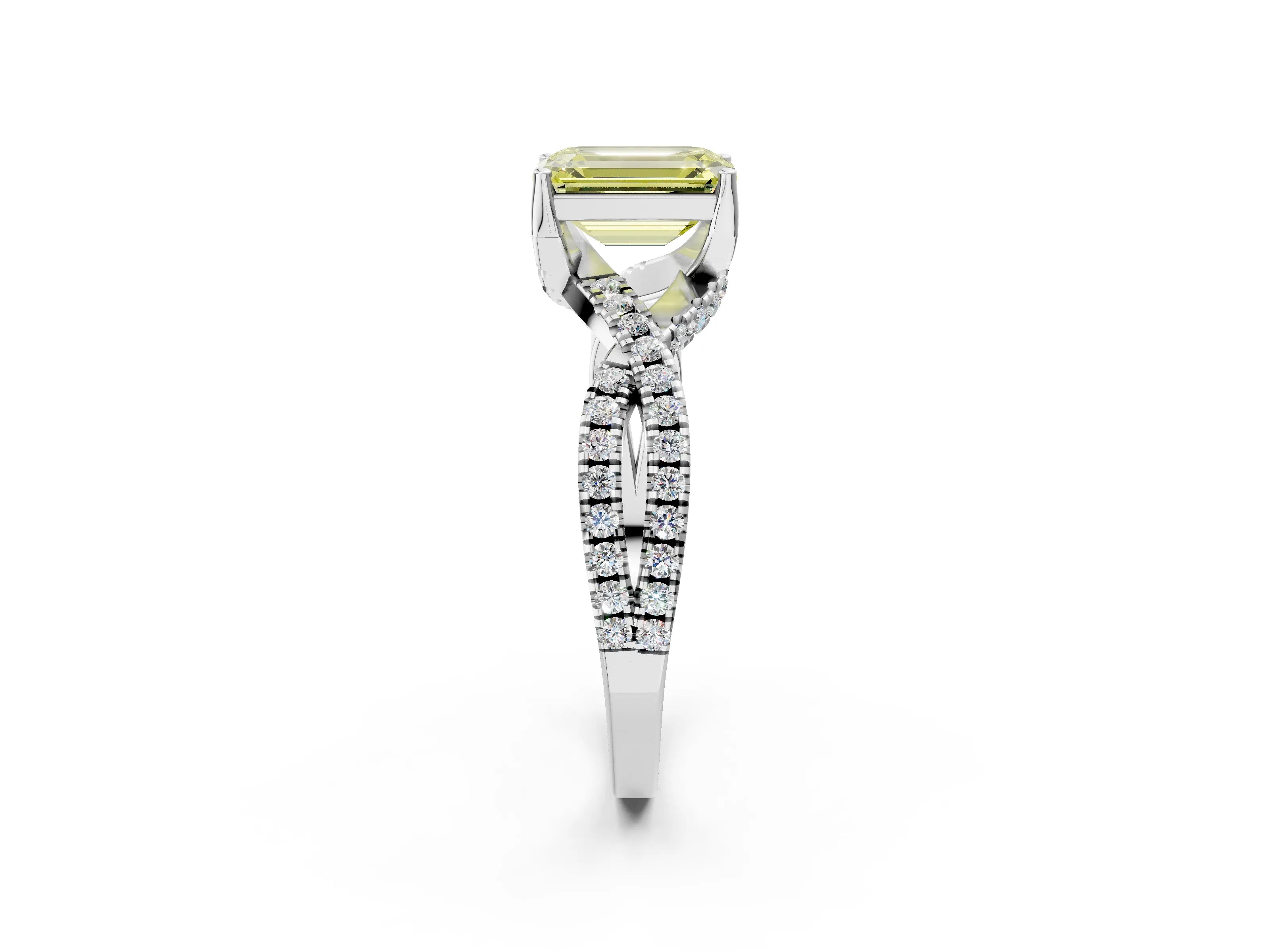 White gold Fancy Yellow Emerald Cut Solitaire Twist Pave Diamond Engagement Ring with Prong Setting_14