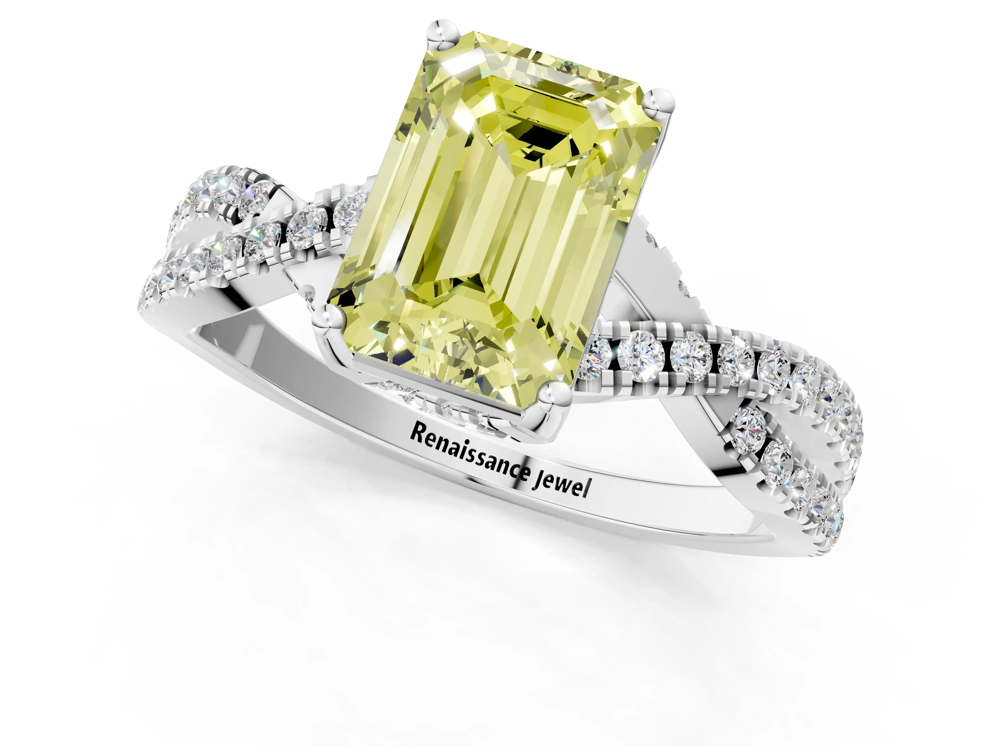 White gold Fancy Yellow Emerald Cut Solitaire Twist Pave Diamond Engagement Ring with Prong Setting_1
