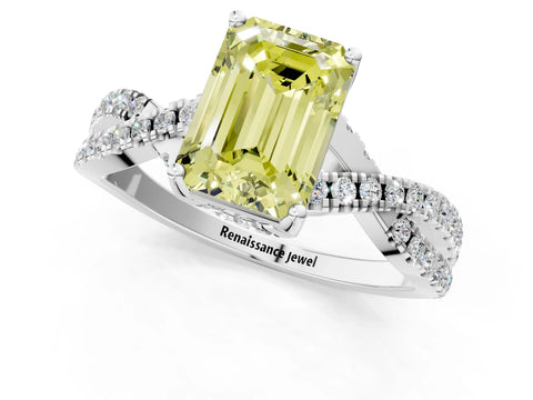 White gold Fancy Yellow Emerald Cut Solitaire Twist Pave Diamond Engagement Ring with Prong Setting_1