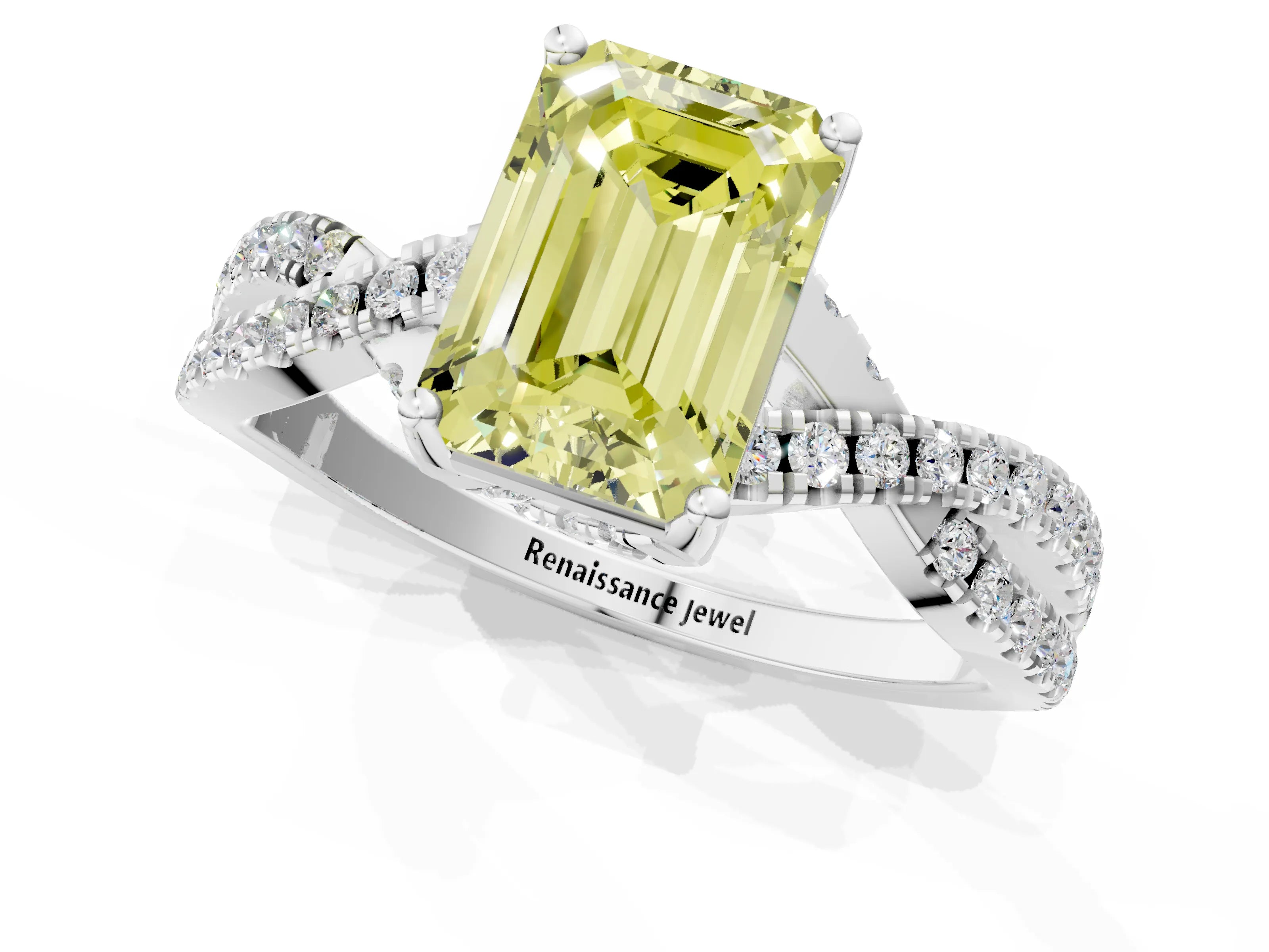 White gold Fancy Yellow Emerald Cut Solitaire Twist Pave Diamond Engagement Ring with Prong Setting_1