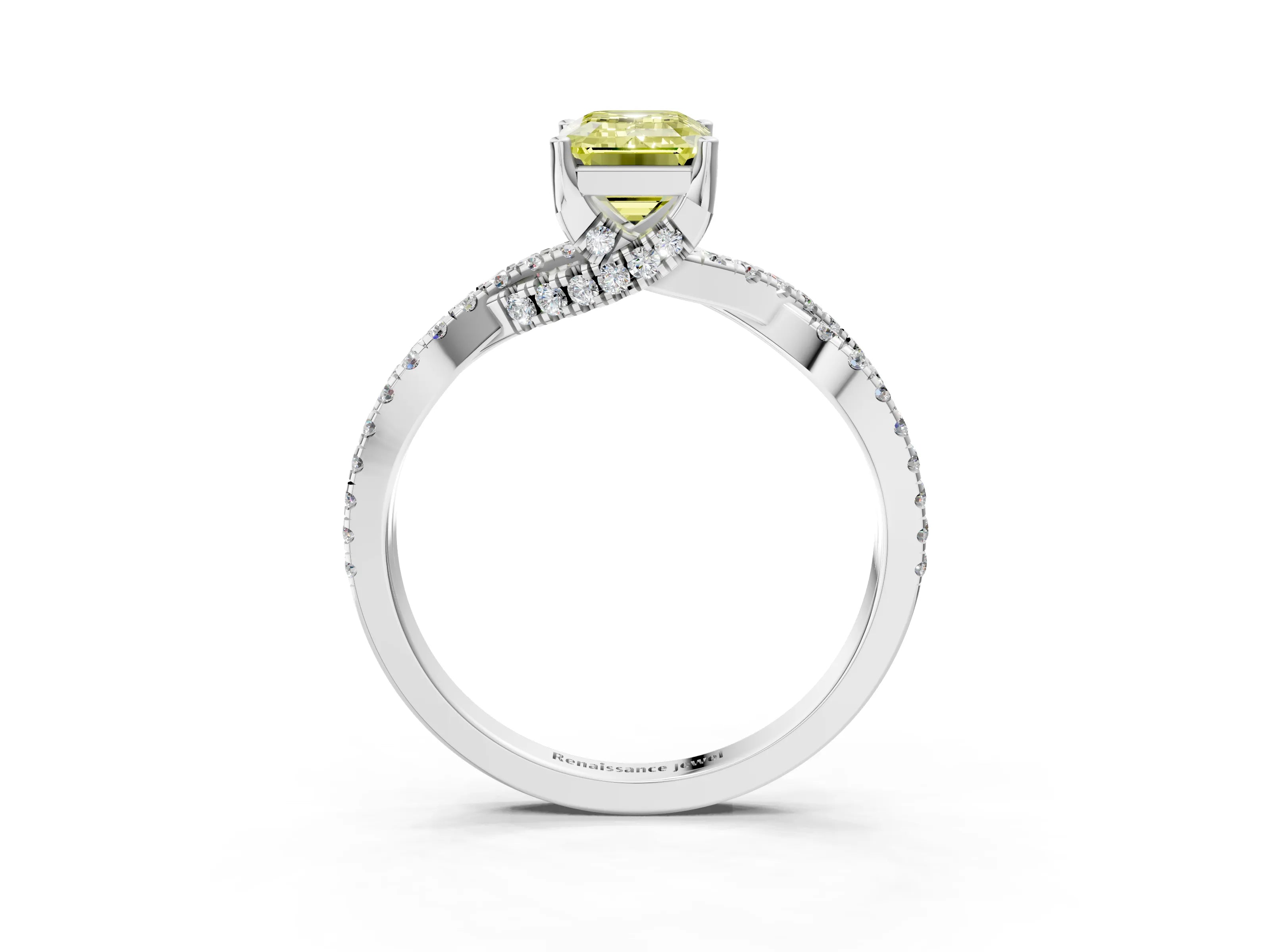 White gold Fancy Yellow Emerald Cut Solitaire Twist Pave Diamond Engagement Ring with Prong Setting_27