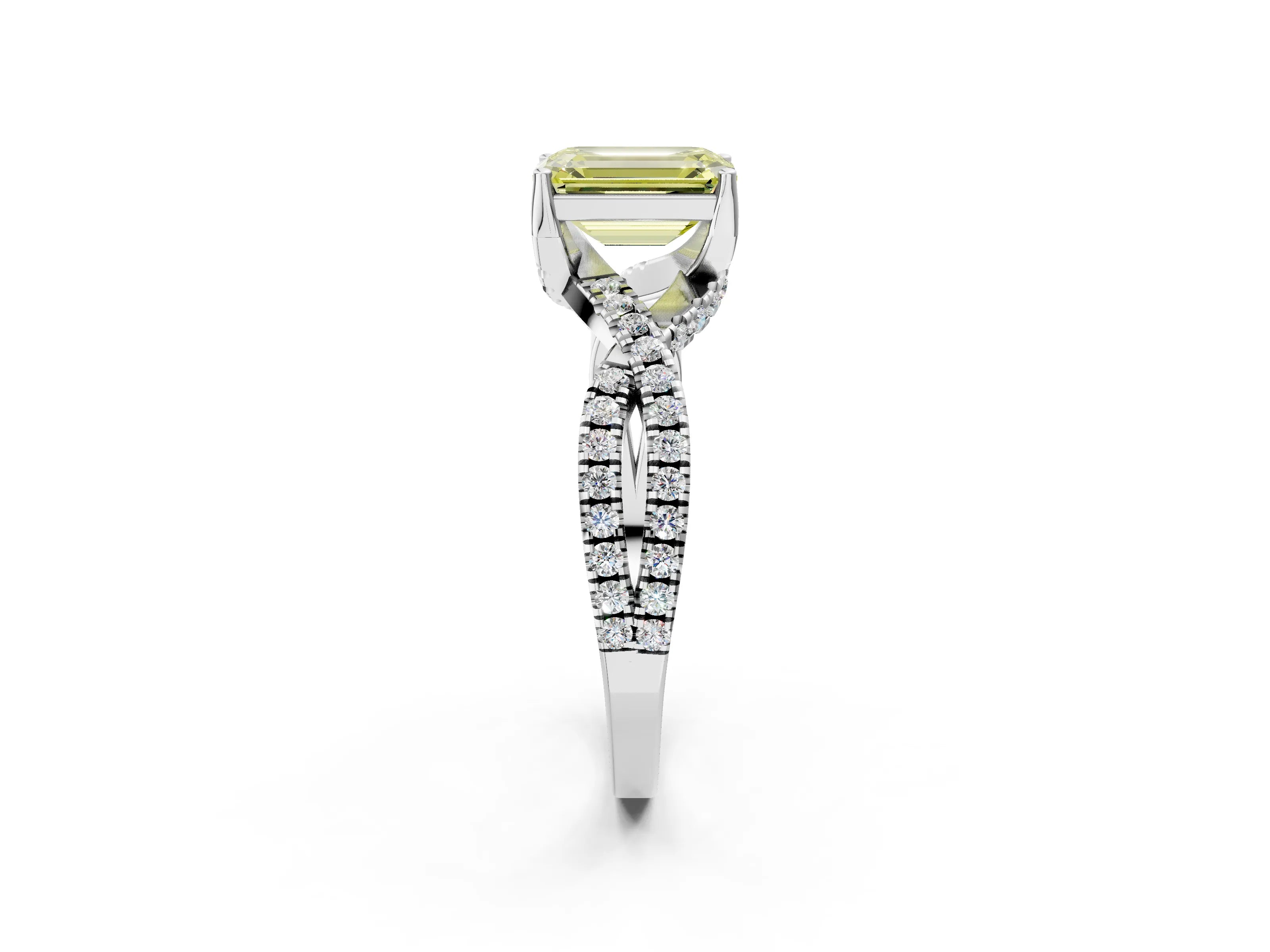 White gold Fancy Yellow Emerald Cut Solitaire Twist Pave Diamond Engagement Ring with Prong Setting_2