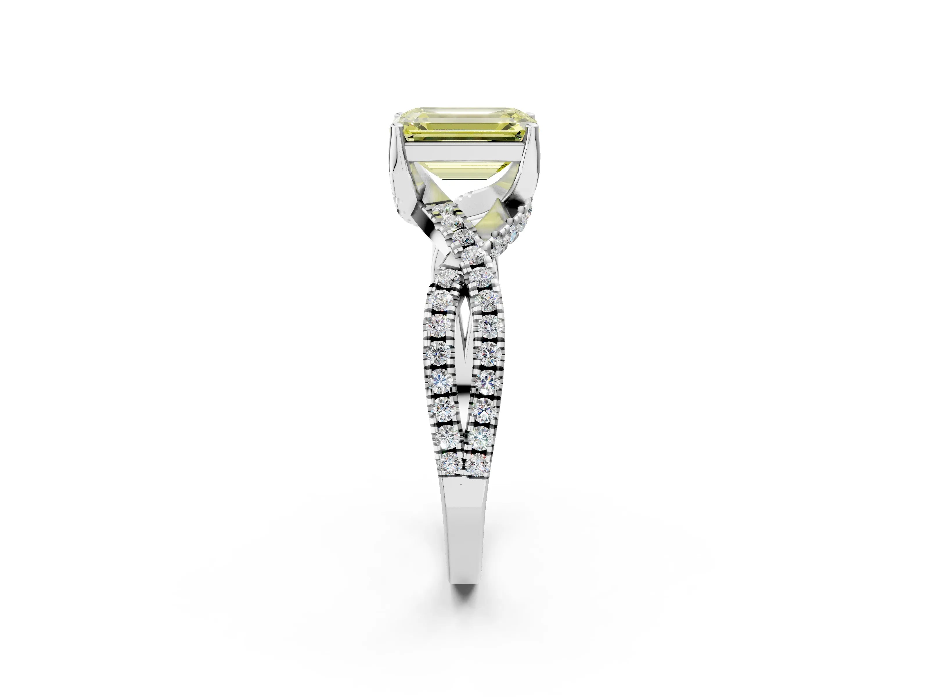White gold Fancy Yellow Emerald Cut Solitaire Twist Pave Diamond Engagement Ring with Prong Setting_2