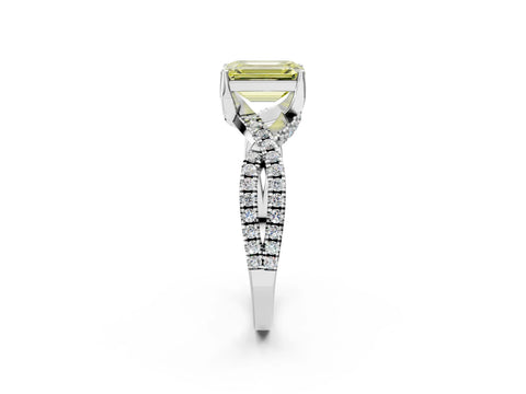 White gold Fancy Yellow Emerald Cut Solitaire Twist Pave Diamond Engagement Ring with Prong Setting_2